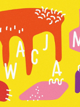 Kolorowe kształty mebli na jaskrawożółtym tle.