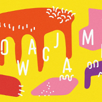 Kolorowe kształty mebli na jaskrawożółtym tle.