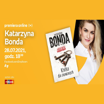 Plakat z informacjami o wydarzeniu, pomarańczowe tło. Po prawej zjęcie Katarzyny Bondy i okładki nowej książki.