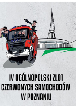 Ilustrowany wóz strażacki ze strażakami w środku, z tyłu iglica MTP.