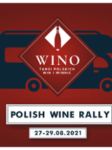 Ilustracja- kamper na czerwonym tle, na nim logo Targów polskich win i winnic Wino (czerwona butelka wina w czerwonym kwadracie).