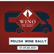 Ilustracja- kamper na czerwonym tle, na nim logo Targów polskich win i winnic Wino (czerwona butelka wina w czerwonym kwadracie).