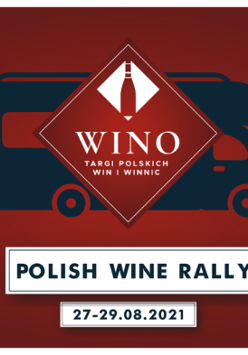 Ilustracja- kamper na czerwonym tle, na nim logo Targów polskich win i winnic Wino (czerwona butelka wina w czerwonym kwadracie).