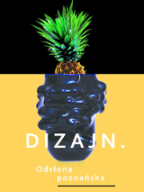 Grafika będąca plakatem wystawy składa się z dwóch części. Dolna przedstawia fragment fantazyjnego czarnego wazonu na żółtym tle. U jego podstawy znajduje się napis "DIZAJN.". W górnej część grafiki widzimy fragment ananasa z liśćmi na czarnym tle.