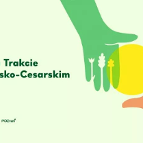 Plakat przedstawiający dwie ręcę, jedna w kolorze zielonym z drzewami zamiast palców, druga brązowa z budynkami zamiast palców.