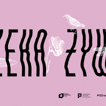 Przedstawia różową planszę na tle której widnieje czarny napis oraz biały zarys zwierząt.