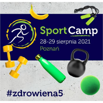 Na górze tytuł imprezy i data. Na dole: hantle, bidon, ciężarek i piłka.