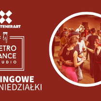 Czerwona plansza z logami organizatorów oraz zdjęcie tańczącej grupy ludzi.