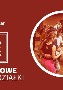Czerwona plansza z logami organizatorów oraz zdjęcie tańczącej grupy ludzi.