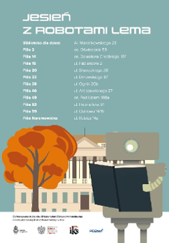 Biblioteka Raczyńskich, drzewo i robot czytający książkę.