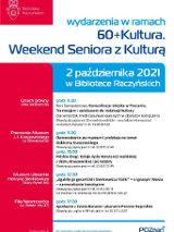 Plakat przedstawiające tytuł Weekend seniora z kulturą oraz trzy zdjęcia seniorów, grającego na skrzypcach, oglądającą obraz oraz rozmawiającego.