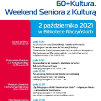 Plakat przedstawiające tytuł Weekend seniora z kulturą oraz trzy zdjęcia seniorów, grającego na skrzypcach, oglądającą obraz oraz rozmawiającego.