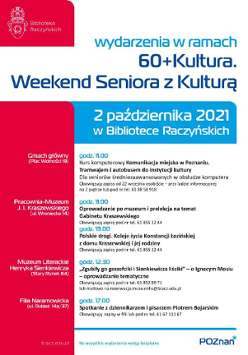 Plakat przedstawiające tytuł Weekend seniora z kulturą oraz trzy zdjęcia seniorów, grającego na skrzypcach, oglądającą obraz oraz rozmawiającego.
