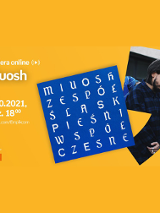 Plakat ze zdjęciem Miuosha i okładką płyty. Po lewej białe napisy informujące o wydarzeniu, pomarańczowe tło.