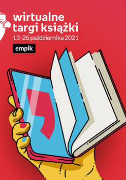 Dłoń trzymająca smartfon i książkę. Czerwone tło, biały napis na górze z nazwą wydarzenia.