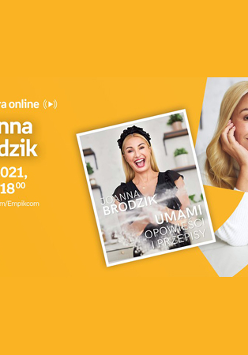 Plakat wydarzenia ze zdjęciem Joanny Brodzik i okładką książki. Po lewej białe napisy informujące o wydarzeniu, pomarańczowe tło.