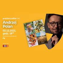 Plakat wydarzenia ze zdjęciem Andrzeja Polana i okładką książki. Po lewej białe napisy informujące o wydarzeniu, pomarańczowe tło.