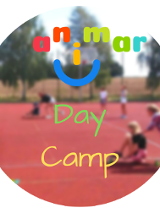 Kolorowy napis "Animar - Day Camp", na rozmazanym tle grupa dzieci na boisku.