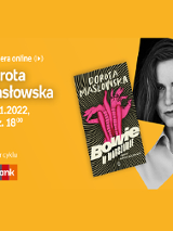Po prawej zdjęcie pisarki i okładka książki. Po lewej białe napisy na pomarańczowym tle.