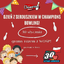 Tytuł wydarzenia, data i informacja "gramy razem z WOŚP". W lewym dolnym rogu: grupa uśmiechniętych dzieci, dokoła kręgle oraz kolorowe chorągiewki.