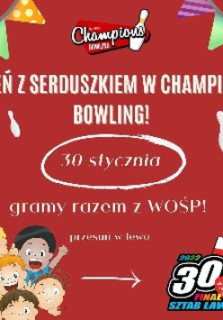 Tytuł wydarzenia, data i informacja "gramy razem z WOŚP". W lewym dolnym rogu: grupa uśmiechniętych dzieci, dokoła kręgle oraz kolorowe chorągiewki.
