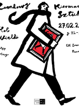 plakat przedstawiający czarno-biały rysunek mężczyzny idącego z kolorowym obrazkiem w ręce