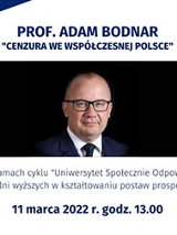 plakat wydarzenia; w centralnej części grafiki zdjęcie Profesora Adama Bodnara oraz tytuł i data prowadzenia wykładu; w prawym górnym rogu logo UAM