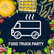 Grafika busa z podpisem "Food truck party". Całość otoczona różnymi rysunkami jedzenia.