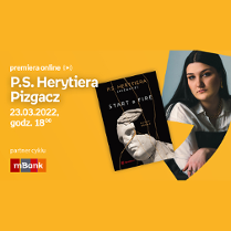 Plakat wydarzenia ze zdjęciem pisarki po prawej. Po lewej białe napisy informujące o wydarzeniu, pomarańczowe tło.