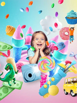 Dziewczynka otoczona zabawkami i słodkościami.