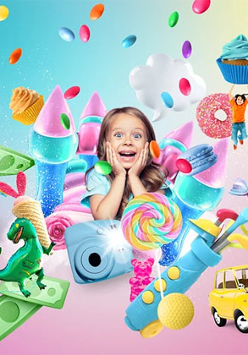 Dziewczynka otoczona zabawkami i słodkościami.
