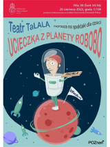 Człowiek w skafandrze kosmicznym na planecie. Za nim wbita w planetę flaga z napisem "Robobo". W dali rakieta