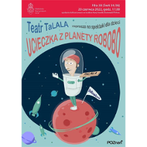 Człowiek w skafandrze kosmicznym na planecie. Za nim wbita w planetę flaga z napisem "Robobo". W dali rakieta