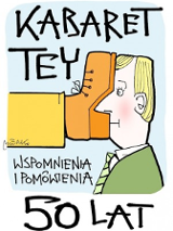 Plakat promujący wydarzenie.Rysunek mężczyzny z butem na twarzy.