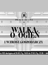 Fragment jasnych, zdobionych drzwi. Czarne napisy z tytułem spektaklu.