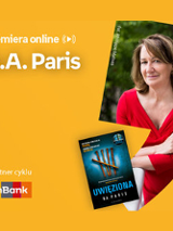 Plakat ze zdjęciem pisarki i okładką książki w prawej części. W części lewej u góry białe napisy na pomarańczowym tle.