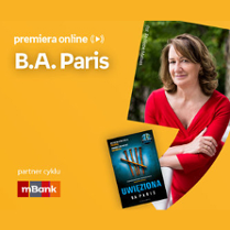 Plakat ze zdjęciem pisarki i okładką książki w prawej części. W części lewej u góry białe napisy na pomarańczowym tle.