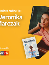 Plakat ze zdjęciem pisarki i okładką książki w prawej części. W części lewej u góry białe napisy na pomarańczowym tle.