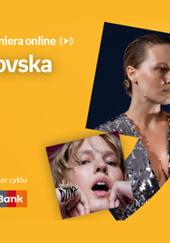 Plakat ze zdjęciem piosenkarki i okładką płyty w prawej części. W części lewej u góry białe napisy na pomarańczowym tle.