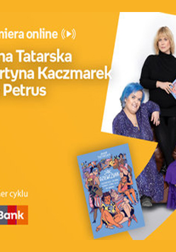 Plakat ze zdjęciem autorki i okładką książki. Białe napisy informujące o wydarzeniu na pomarańczowym tle.