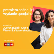 Plakat ze zdjęciami prowadzących spotkanie po prawej stronie. W części lewej u góry białe napisy na pomarańczowym tle.