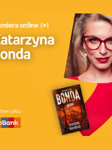 Plakat ze zdjęciem pisarki i okładką książki w prawej części. W części lewej u góry białe napisy na pomarańczowym tle.