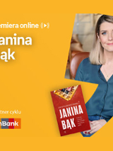 Plakat ze zdjęciem pisarki i okładką książki w prawej części. W części lewej u góry białe napisy na pomarańczowym tle.