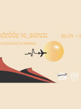 Kolorowa grafika przedstawiająca kontur wydm, żółte słońce i lecący na jego tle samolot.