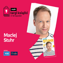 Plakat ze zdjęciem Macieja Stuhra i okładką książki w prawej części. W części lewej imię i nazwisko na różowym tle.
