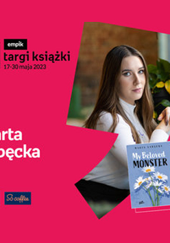 Plakat ze zdjęciem pisarki i okładką książki w prawej części. W części lewej imię i nazwisko na różowym tle.