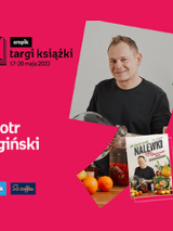 Plakat ze zdjęciem autora i okładką książki w prawej części. W części lewej imię i nazwisko na różowym tle.