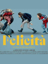 Plakat filmu: dwoje dorosłych i dziewczynka idą pochyleni, mężczyzna jest obładowany bagażami. Żółty tytuł filmu na błękitnym tle.