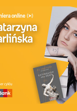 Plakat ze zdjęciem autorki i okładką książki w prawej części. W części lewej imię i nazwisko na pomarańczowym tle.