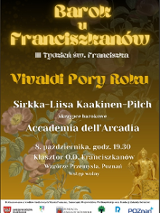 Informacje o koncercie na tle gałązki dzikiej róży i barokowego zegara